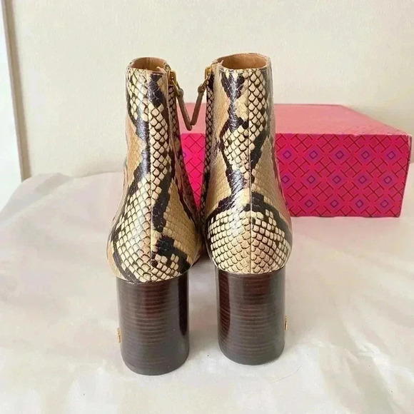 NEW TORY BURCH Brooke 70mm Block Heel Leather Python Sandrift Bootie Size 9.5 - Picture 5 of 7